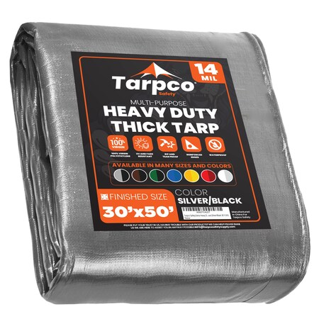 Tarpco Safety Heavy Duty Tarp, 50 ft L x 0.5 mm H x 30 ft W, 14 Mil, Silver/Black, Polyethylene TS-101-30X50